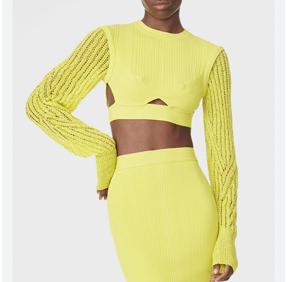 Hervé Léger Mixed Gauge Variegated Rib Crop Top XS Chartreuse Avant-garde Chic
